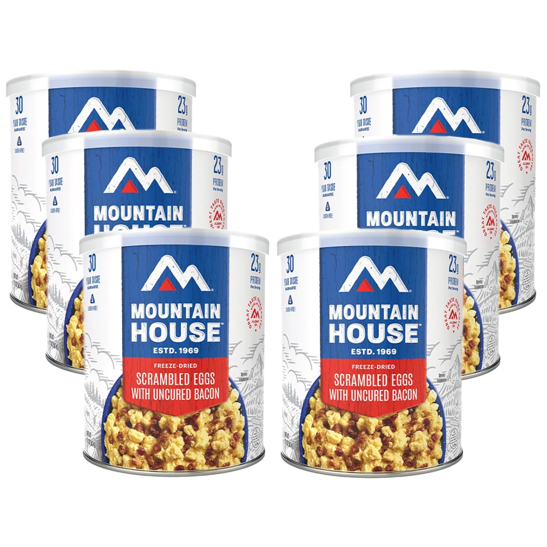 Mountain House Scrambled Eggs with Bacon pack shot showing nine servings per can