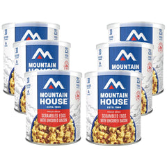 Mountain House Scrambled Eggs with Bacon pack shot showing nine servings per can