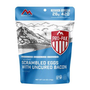 Mountain House Scrambled Eggs with Uncured Bacon Pro-Pak front pouch view, ideal for quick trail meals