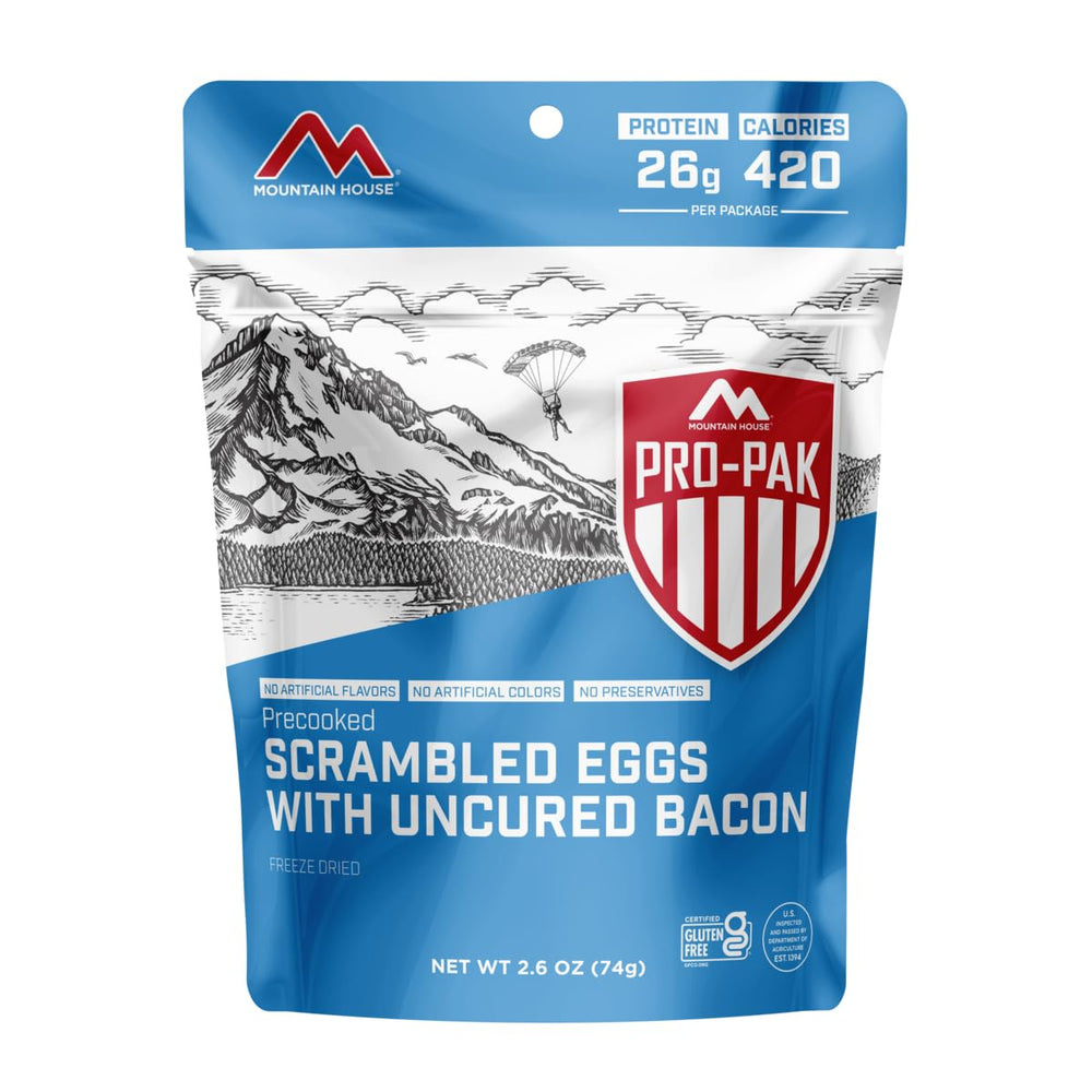 Mountain House Scrambled Eggs with Uncured Bacon Pro-Pak front pouch view, ideal for quick trail meals