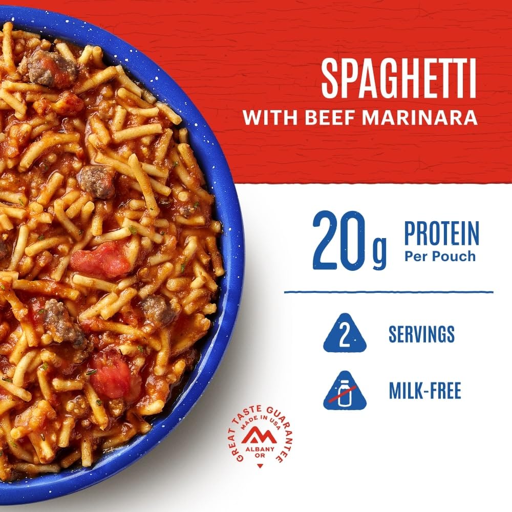 Mountain House Spaghetti with Beef Marinara camping kitchen setup, easy prep in minutes.