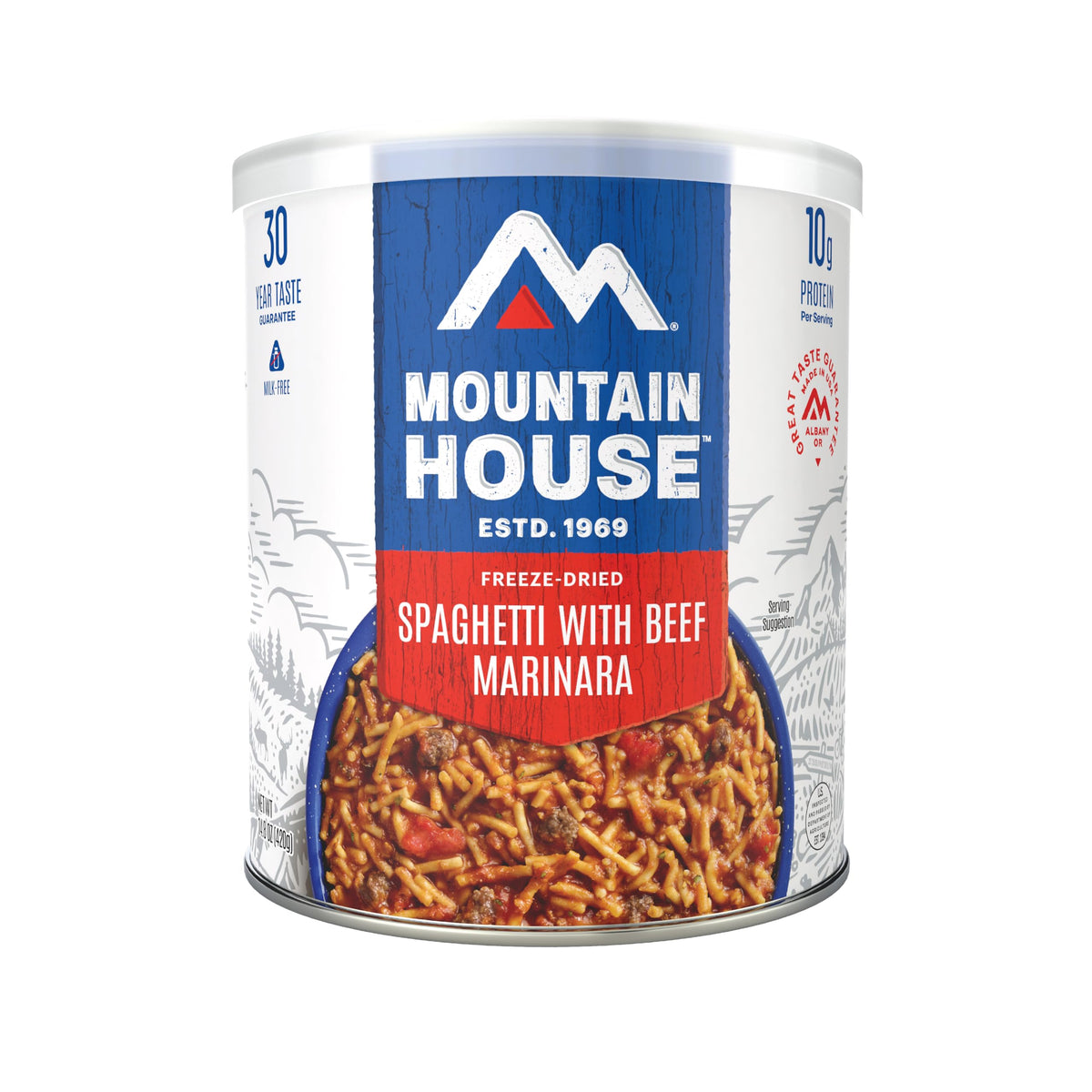 Mountain House Spaghetti with Beef Marinara can-front for trail dinners.