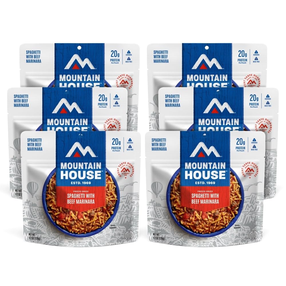 Mountain House Spaghetti with Beef Marinara pouch ready for camping, quick hydration.
