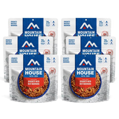 Mountain House Spaghetti with Beef Marinara pouch ready for camping, quick hydration.