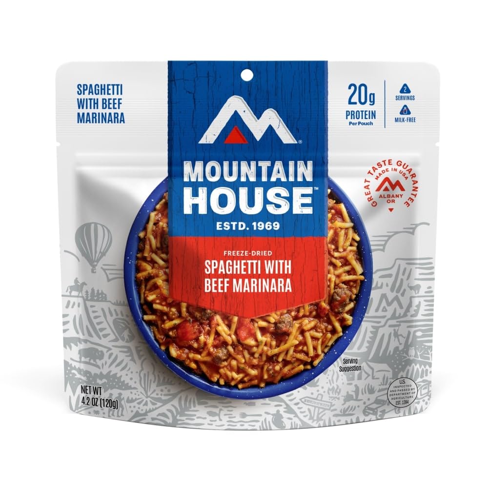 Mountain House Spaghetti with Beef Marinara ready-to-eat pouch on trail for comfort meal.