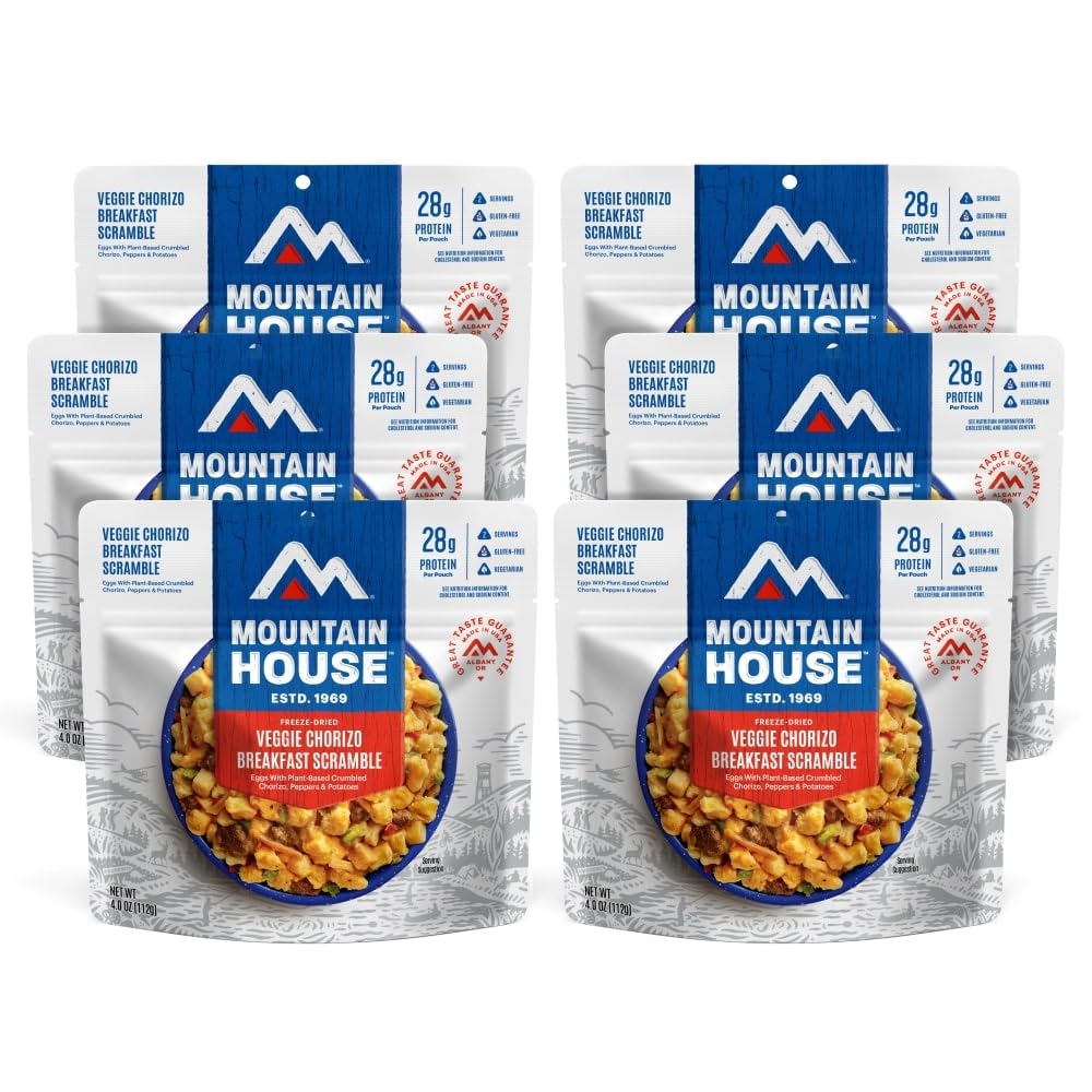 Mountain House Veggie Chorizo Breakfast Scramble packaging for quick on-trail meals.