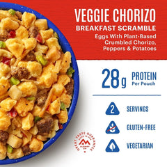 Mountain House Veggie Chorizo Breakfast Scramble ready to eat beside camp stove.