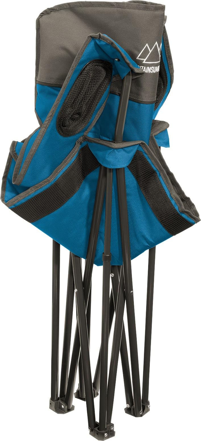 Mountain Summit Gear blue camping chair with carrying bag for travel.