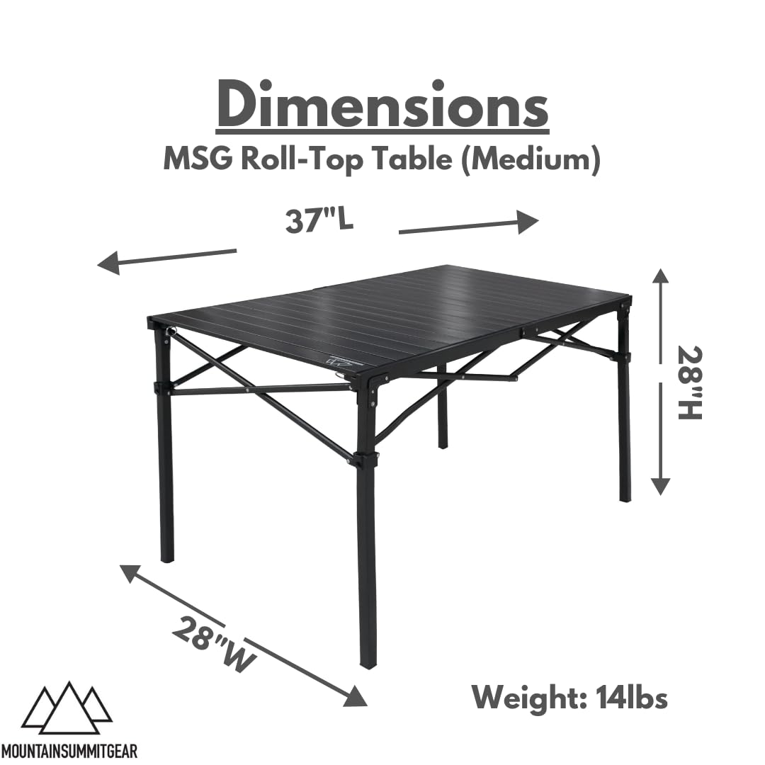 Mountain Summit Gear heavy-duty roll-top table folded compact for easy transport and storage at camp.