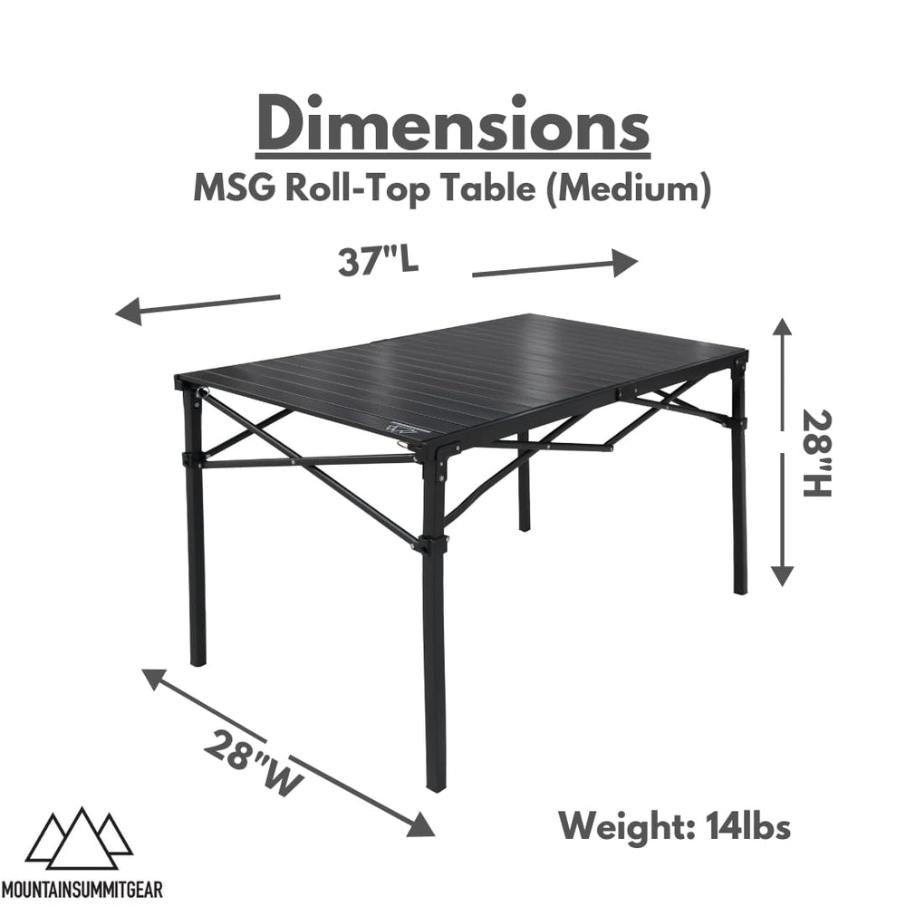Mountain Summit Gear heavy-duty roll-top table folded compact for easy transport and storage at camp.