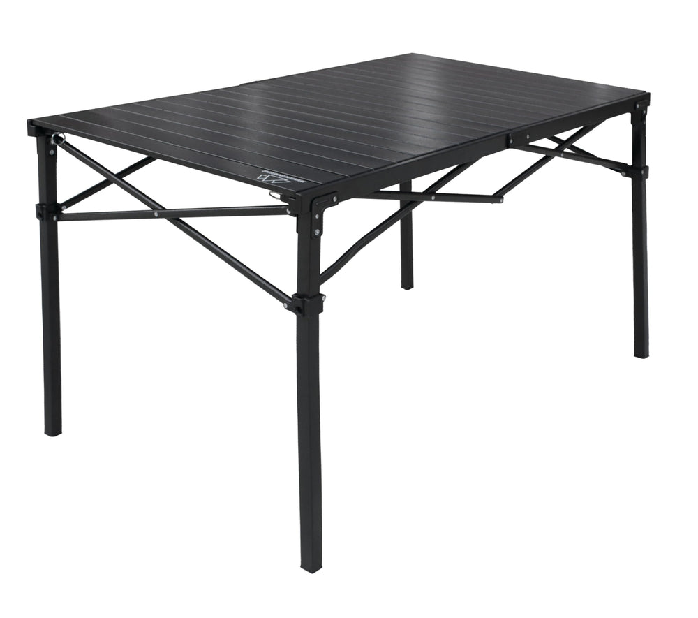 Mountain Summit Gear heavy-duty roll-top table large aluminum top ideal for campsite meal prep.