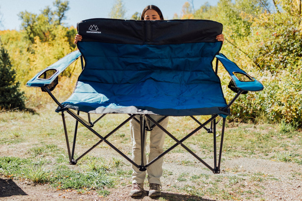 Mountain Summit Gear loveseat blue folded in carry bag for easy transport