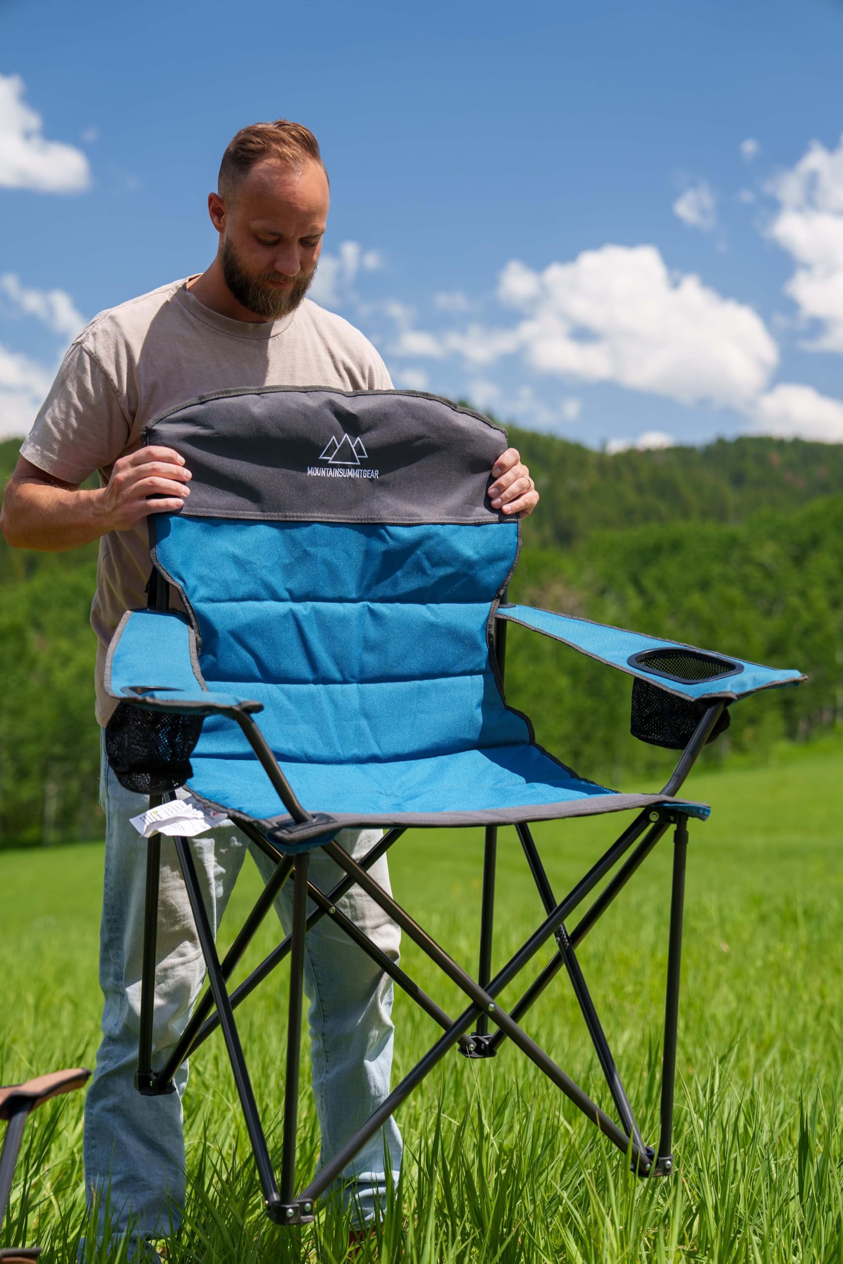 Mountain Summit Gear quilted camping chair features oversized cup holders and pockets.