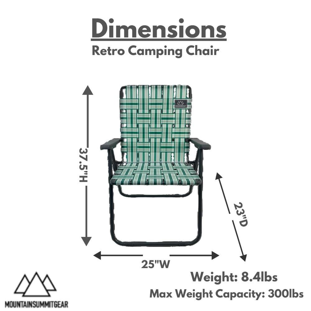 Mountain Summit Gear retro chair side view showing sturdy frame and webbing