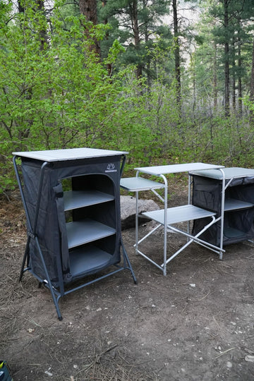 Mountain Summit Gear roll-top pantry with sturdy aluminum legs for durable outdoor use