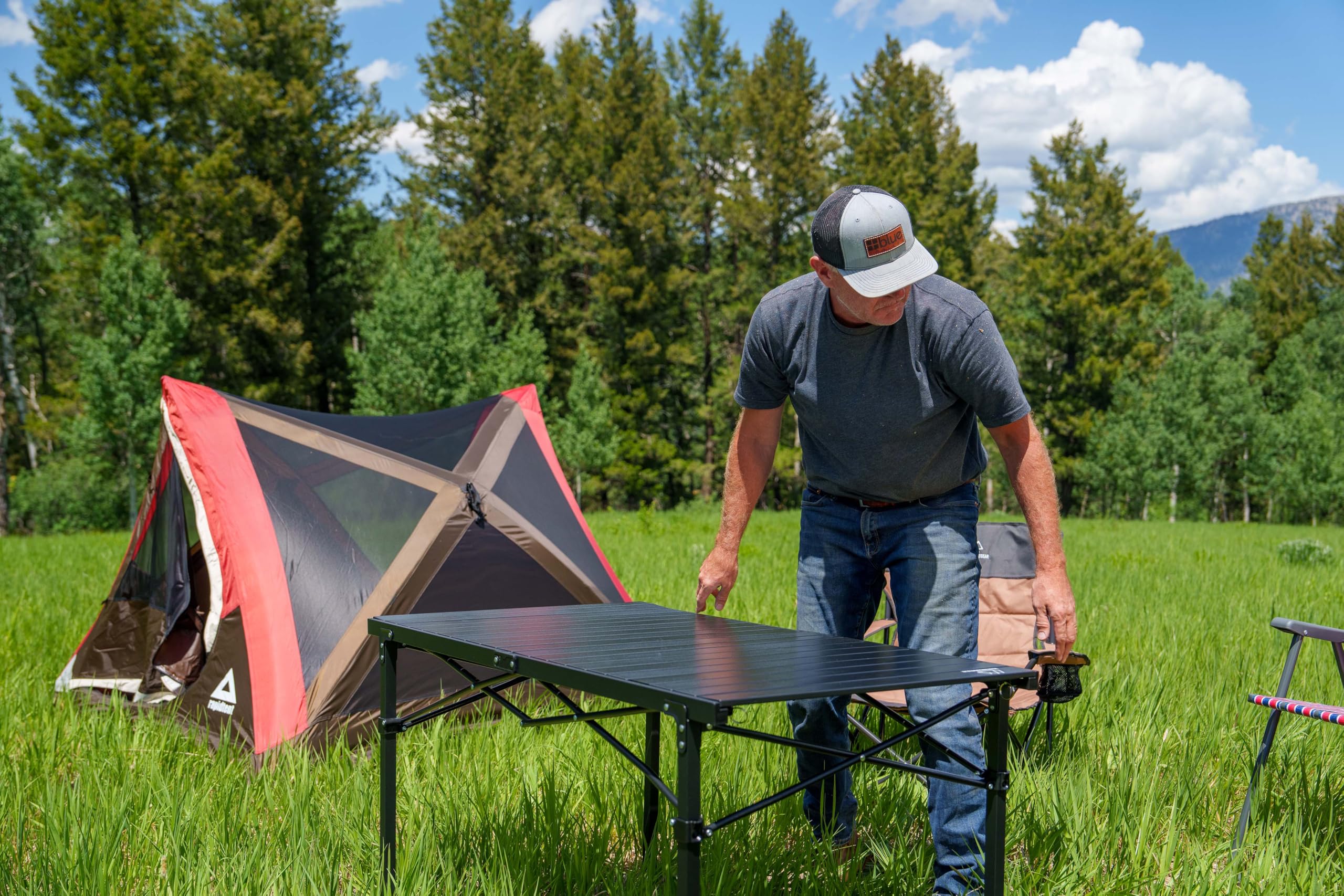Mountain Summit Gear sturdy aluminum top offers stable surface for card games and cooking.