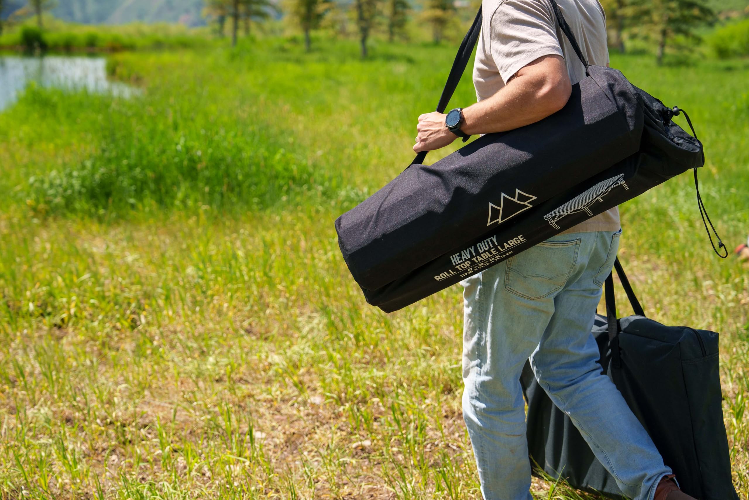 Mountain Summit Gear roll-top table setup in under a minute during outdoor adventures.
