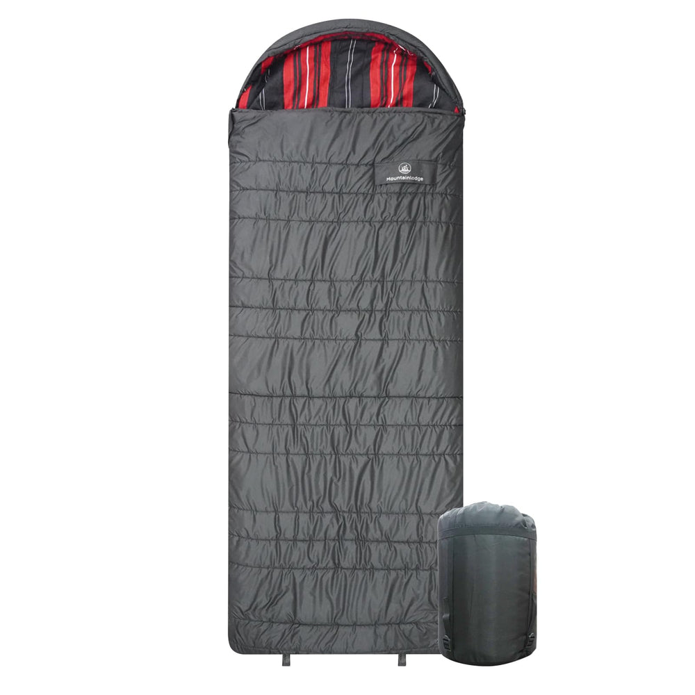 Mountainlodge cotton sleeping bag front view with red-black liner for family camping comfort.