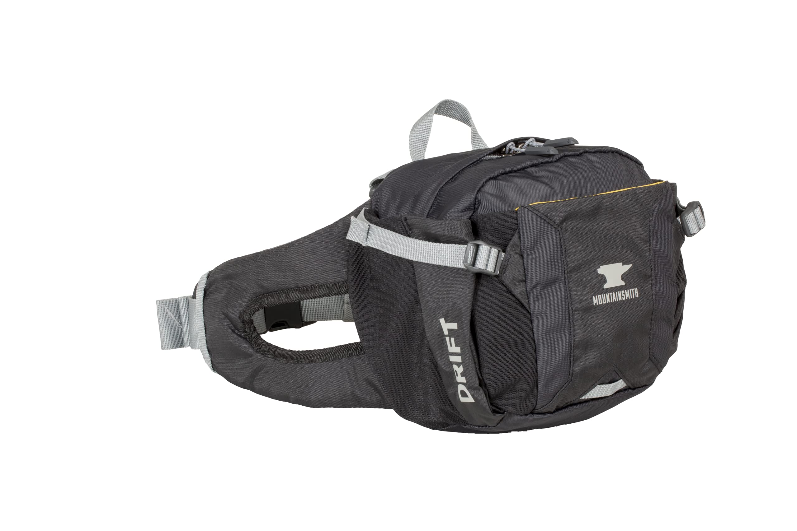 Mountainsmith Drift lumbar pack front view with dual water bottle pockets for hydration.