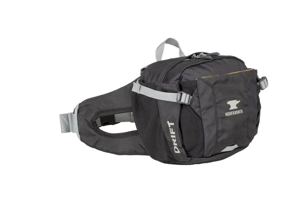 Mountainsmith Drift lumbar pack front view with dual water bottle pockets for hydration.
