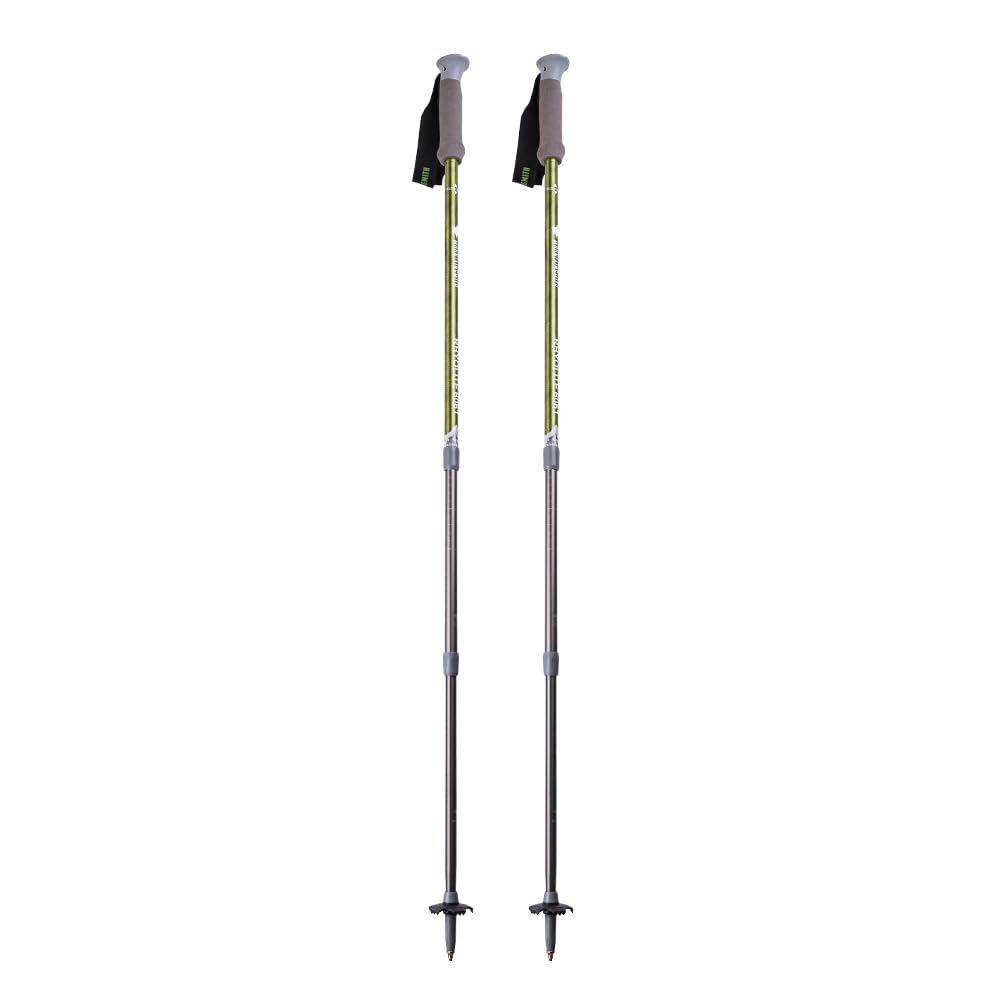 Mountainsmith Rhyolite trekking poles in emerald green provide stable grip on rugged trails.