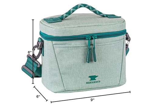 In-use shot of Mountainsmith The Takeout cooler in lichen green keeping drinks cool on a park bench.