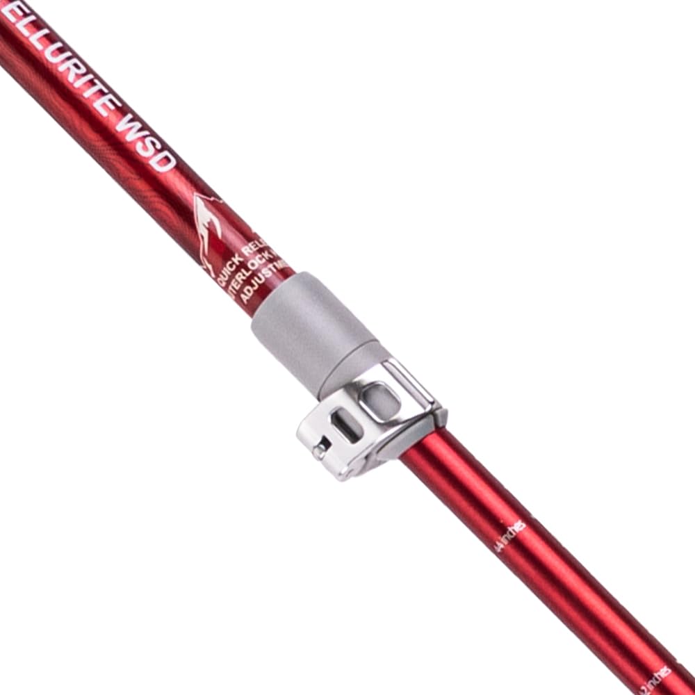 Mountainsmith Tellurite WSD 7075 trekking poles feature Outerlock adjustment for quick height changes.