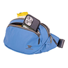 Mountainsmith Vibe in-use demonstrates front pocket with key clip and headphone port