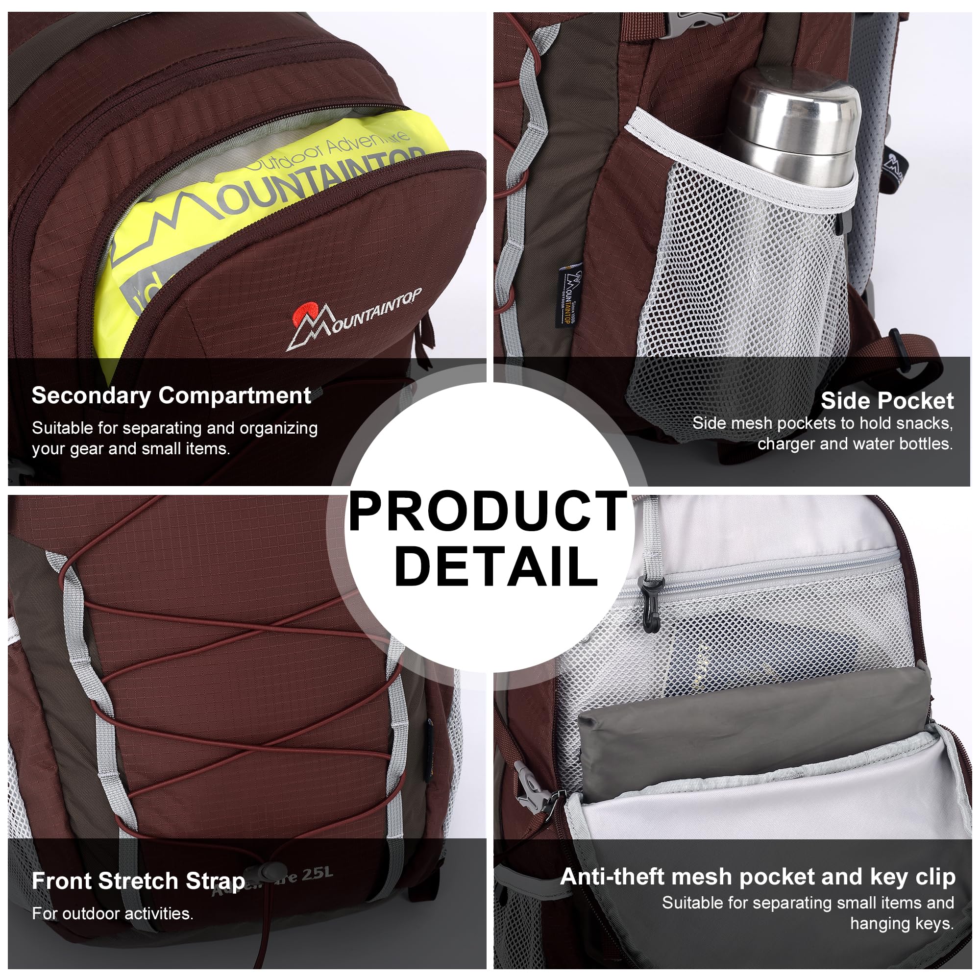 MOUNTAINTOP 25L backpack breathable shoulder straps reduce fatigue on long walks.