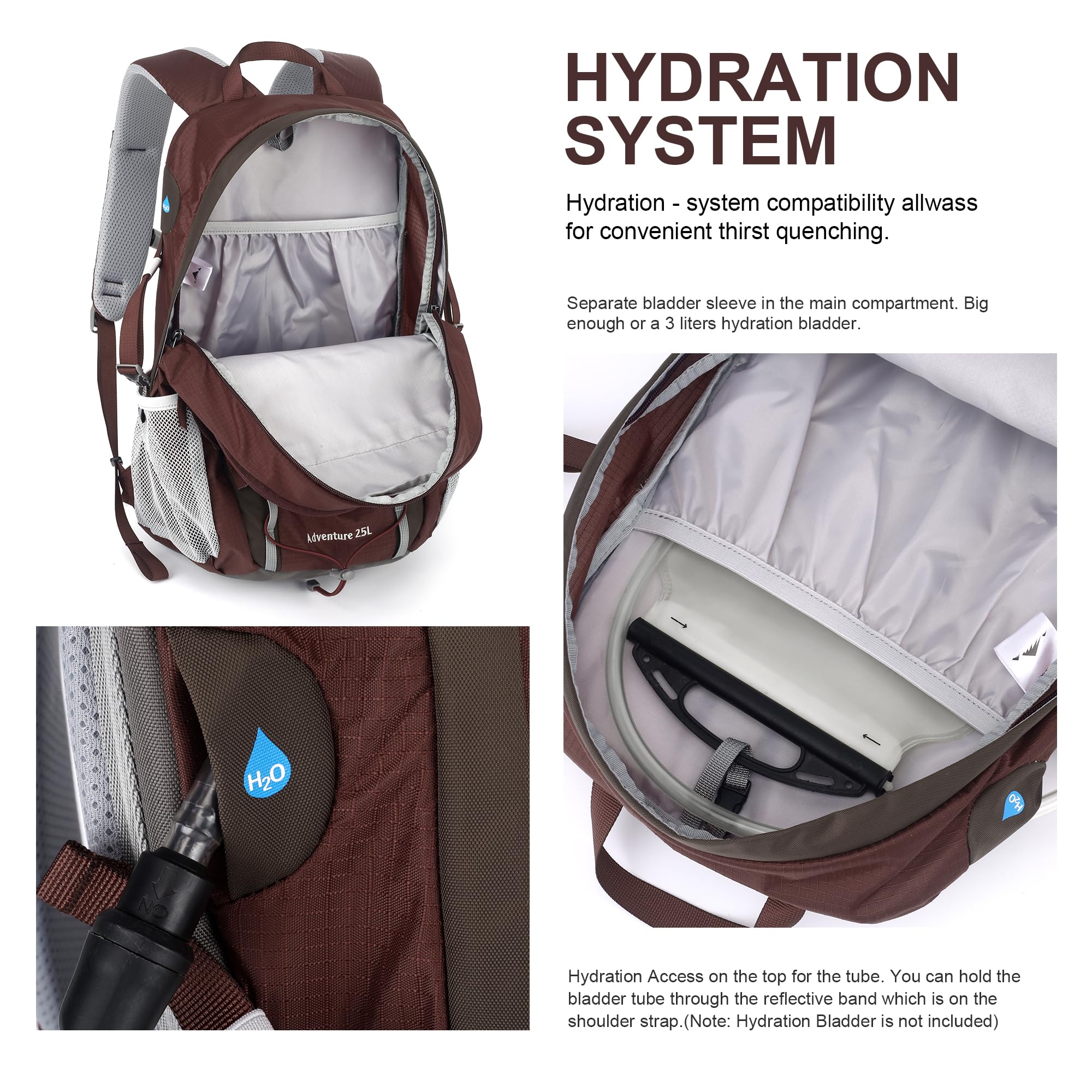 MOUNTAINTOP 25L backpack chest clip with whistle buckle stabilizes weight.