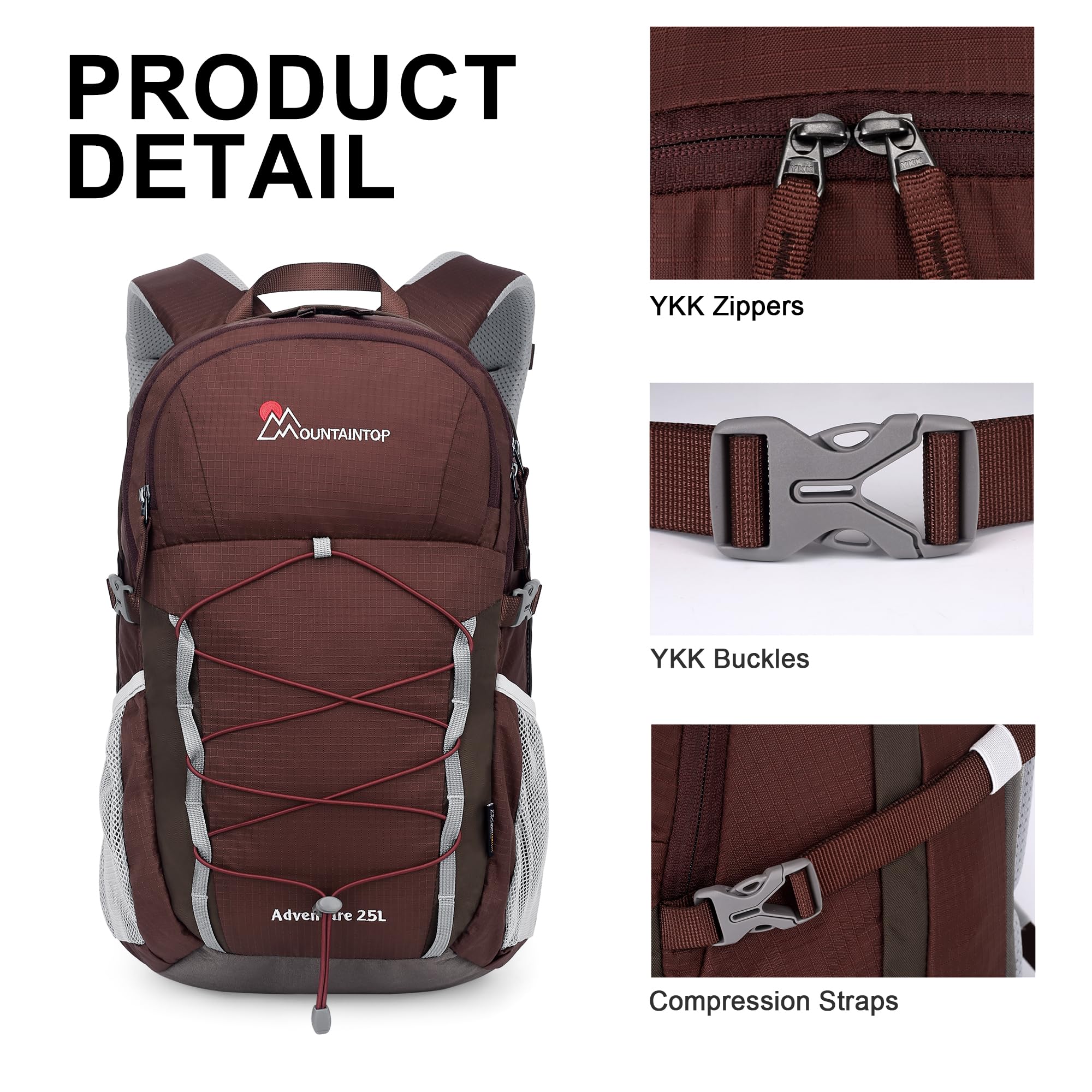 MOUNTAINTOP 25L backpack large-capacity main compartment fits laptops and essentials on trips.
