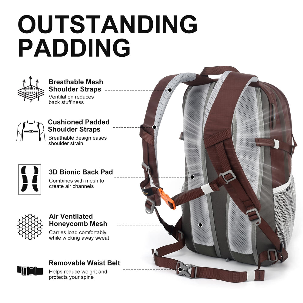 MOUNTAINTOP 25L backpack side pockets keep water bottles within reach.