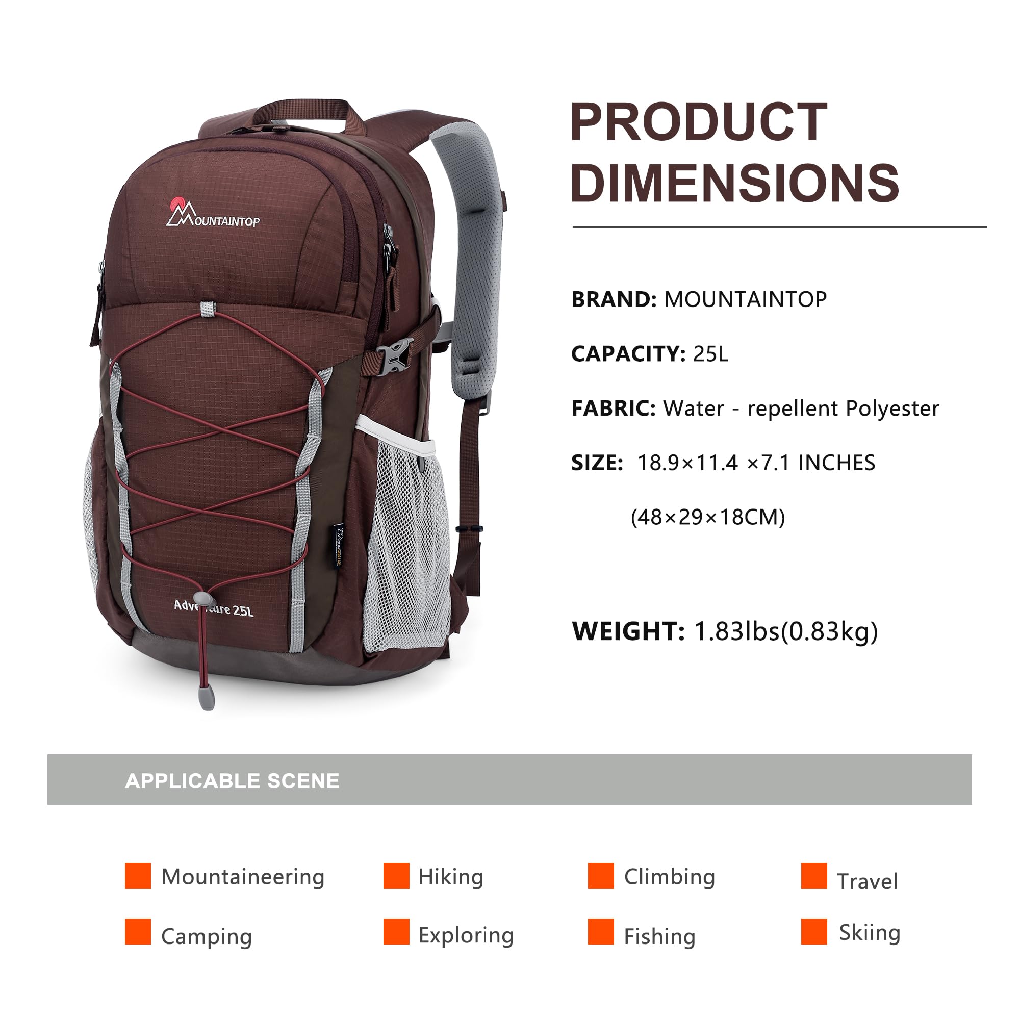 MOUNTAINTOP 25L backpack YKK zipper action shows smooth operation for frequent paces.