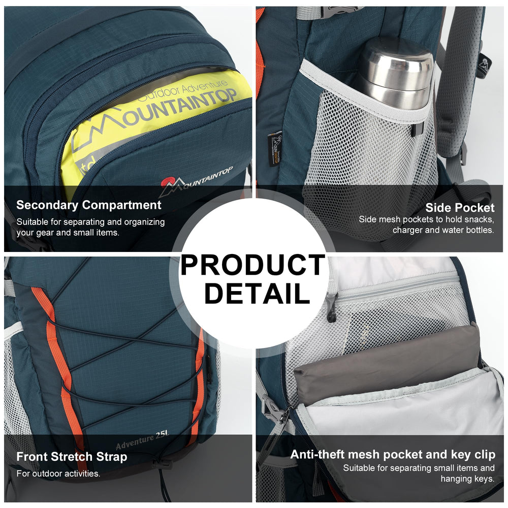 MOUNTAINTOP 25L backpack back panel enhances airflow for warm days.