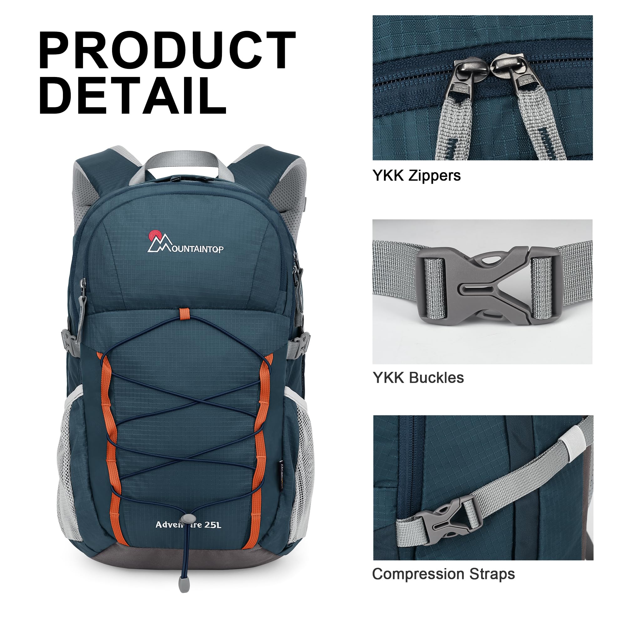 MOUNTAINTOP 25L backpack front pockets for quick-access organization on outdoor trips.