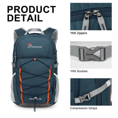 MOUNTAINTOP 25L backpack front pockets for quick-access organization on outdoor trips.
