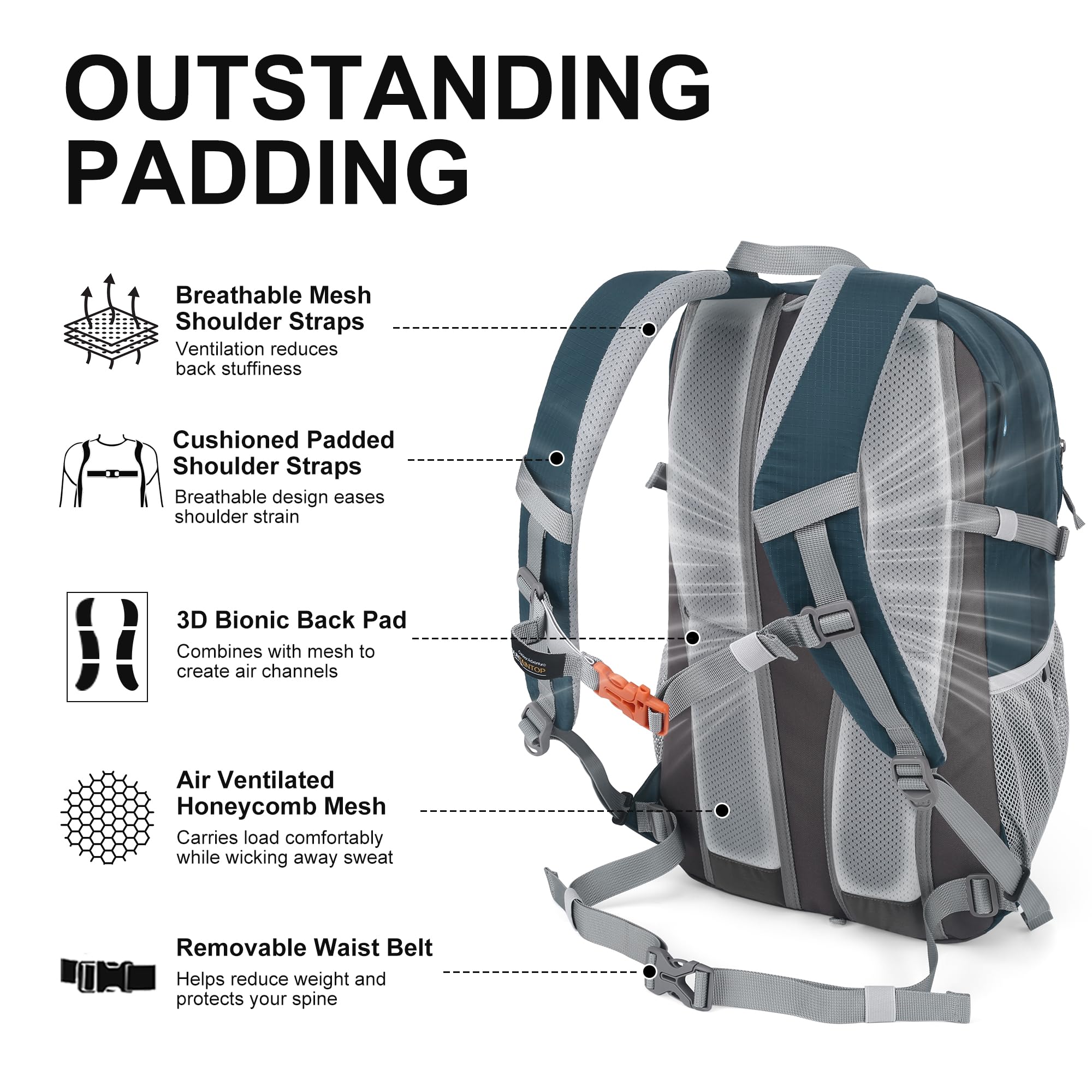 MOUNTAINTOP 25L backpack breathable shoulder straps improve comfort on long walks.