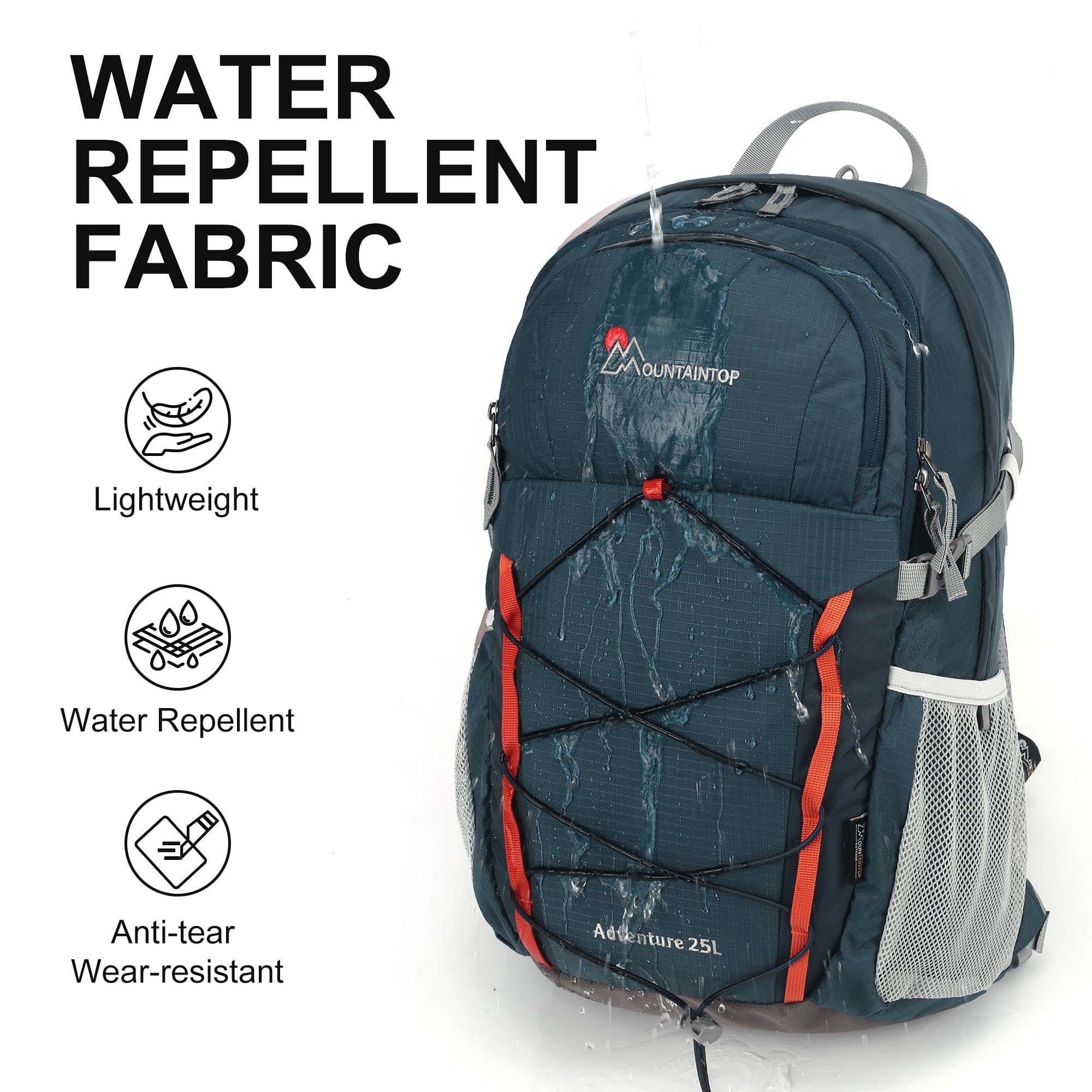 MOUNTAINTOP 25L backpack side pockets keep water bottles handy during hikes.