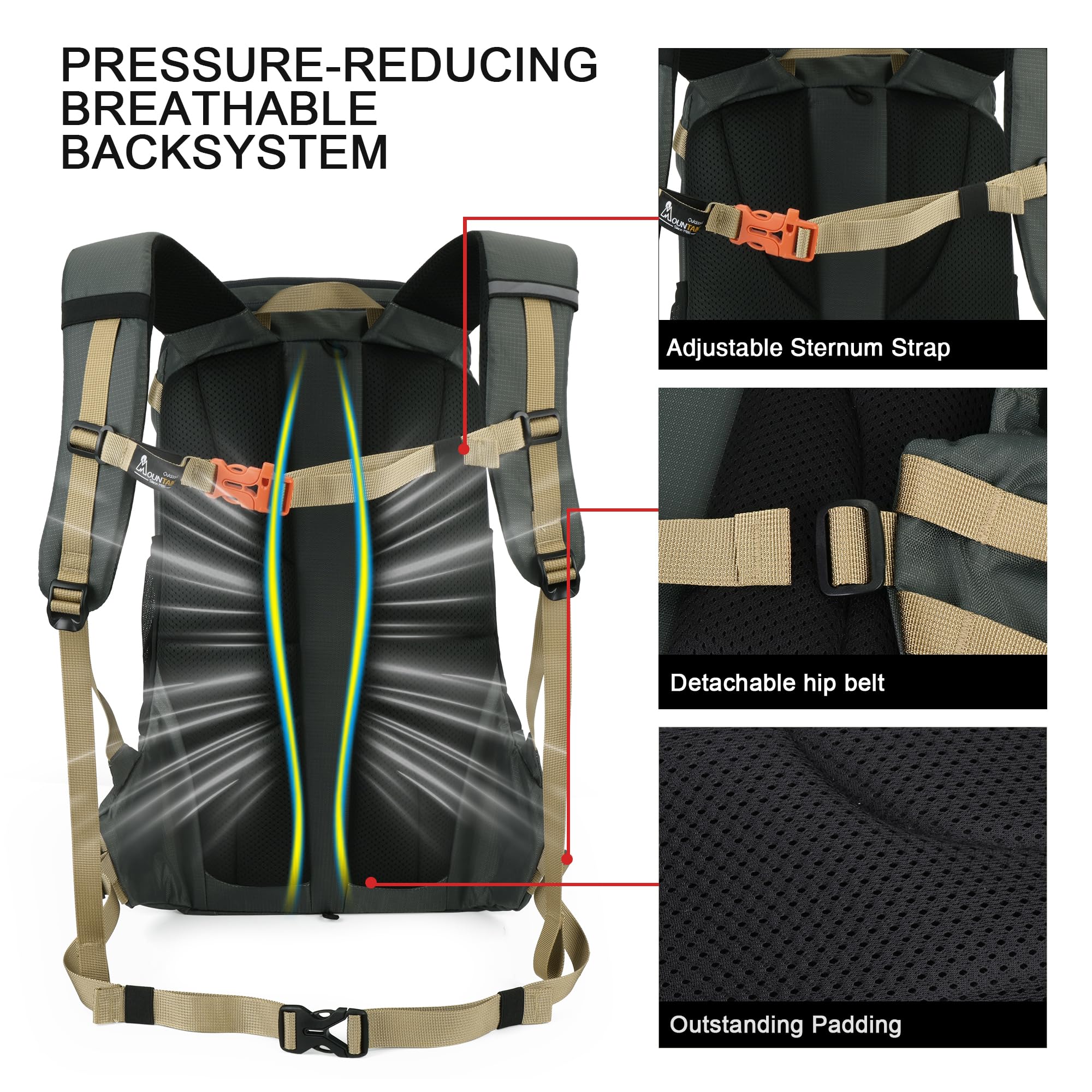MOUNTAINTOP 35L backpack comfort back panel offers breathable support.