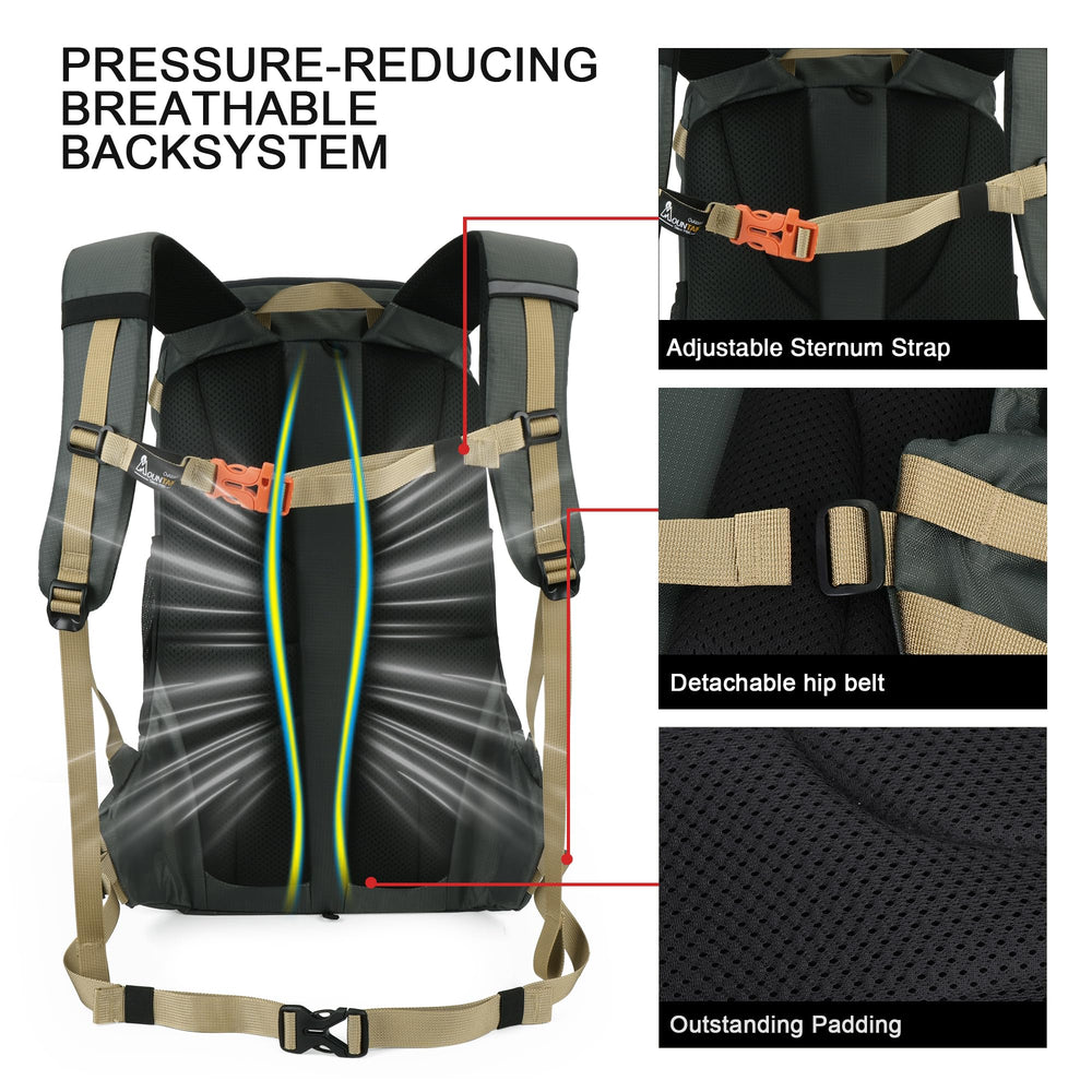 MOUNTAINTOP 35L backpack comfort back panel offers breathable support.