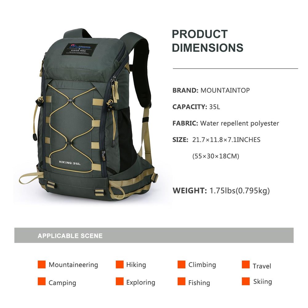 MOUNTAINTOP 35L hiking backpack rain cover protects gear in sudden showers.