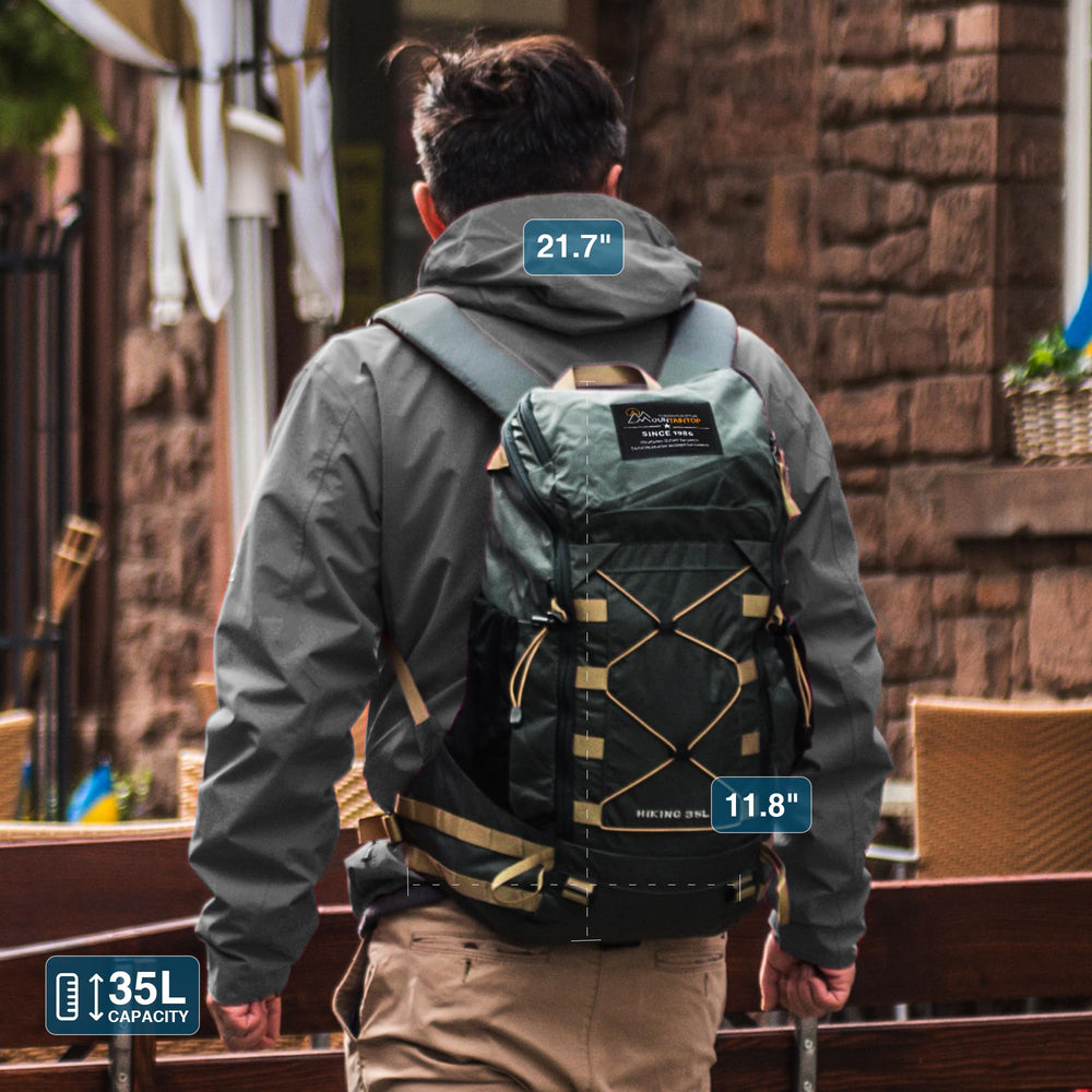 MOUNTAINTOP 35L hiking backpack side profile demonstrates stable load on uneven trails.