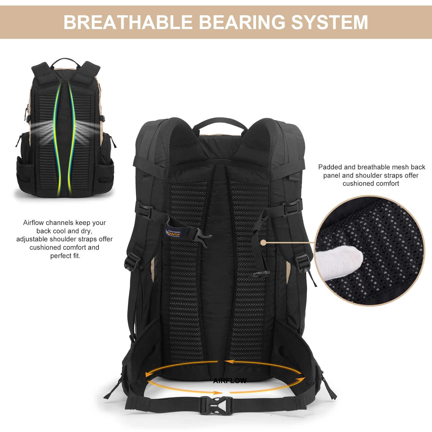 MOUNTAINTOP 40L backpack adjustable shoulder straps tailor fit for men and women.