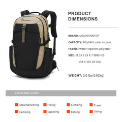 MOUNTAINTOP 40L backpack back ventilated panel highlights breathable comfort on long trips.