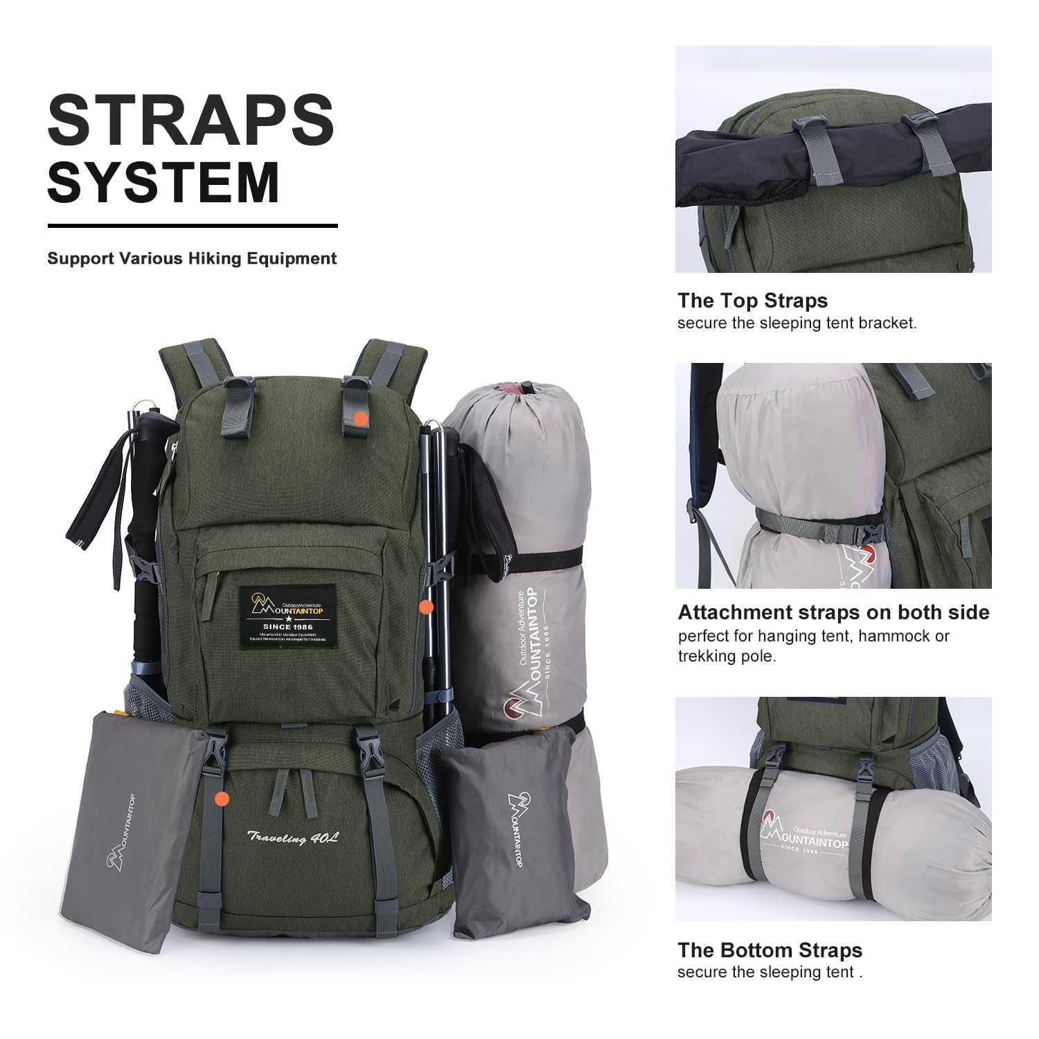 MOUNTAINTOP 40L backpack bottom compartment for quick access.
