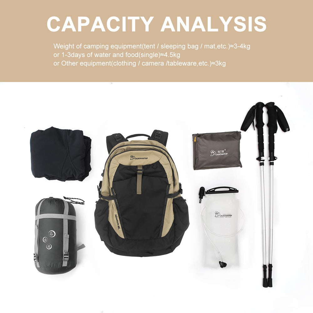 MOUNTAINTOP 40L backpack compression belts secure trekking gear and sleeping bags.