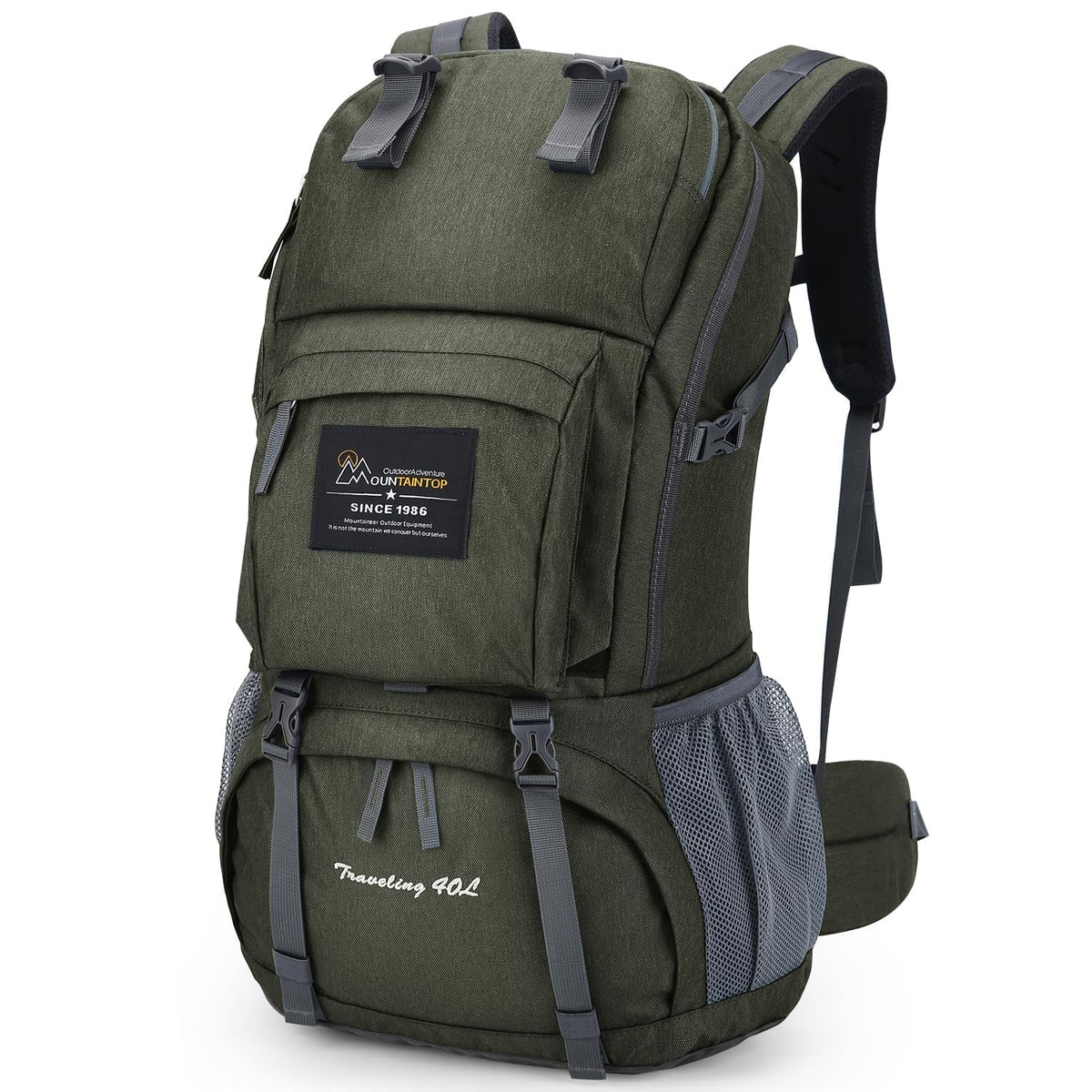 MOUNTAINTOP 40L backpack front view for weekend hikes and easy access.