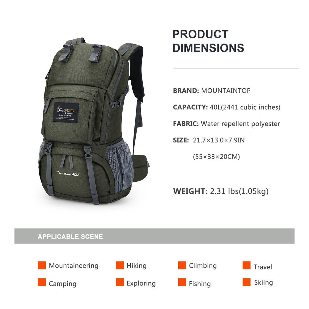 MOUNTAINTOP 40L backpack side pocket view ideal for quick-access items.