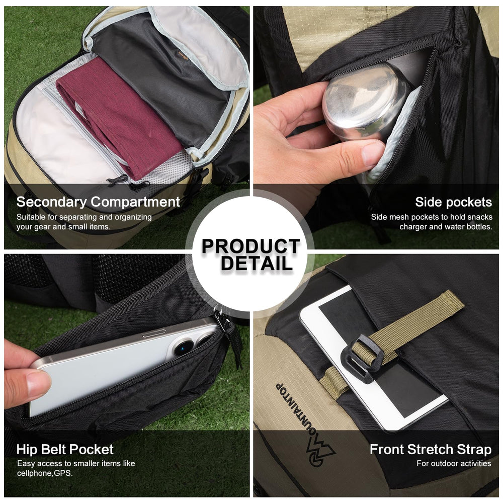 MOUNTAINTOP 40L backpack side pocket for quick-access essentials during hikes.