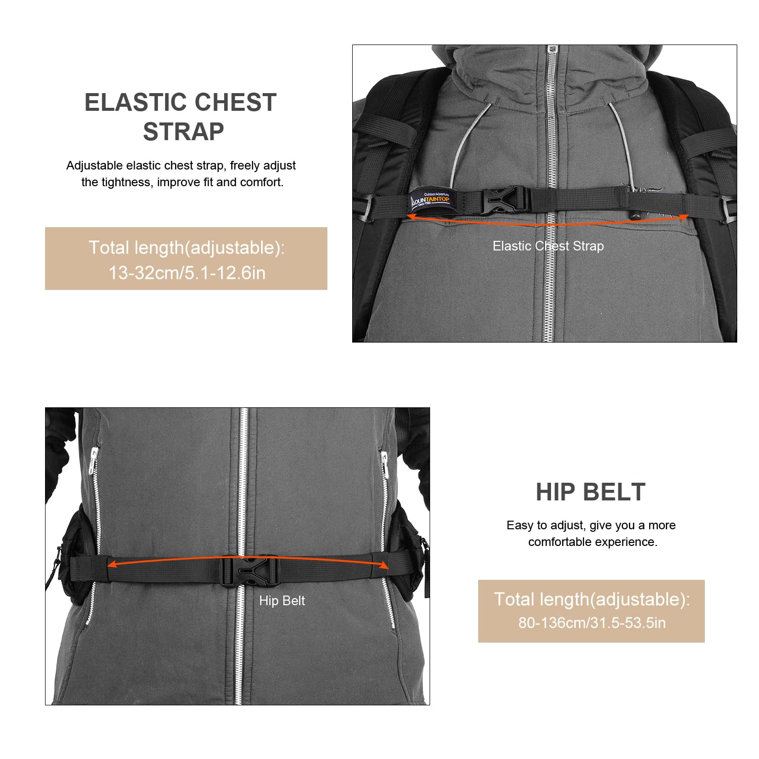 MOUNTAINTOP 40L backpack adjustable waist belt stabilizes load during outdoor activities.